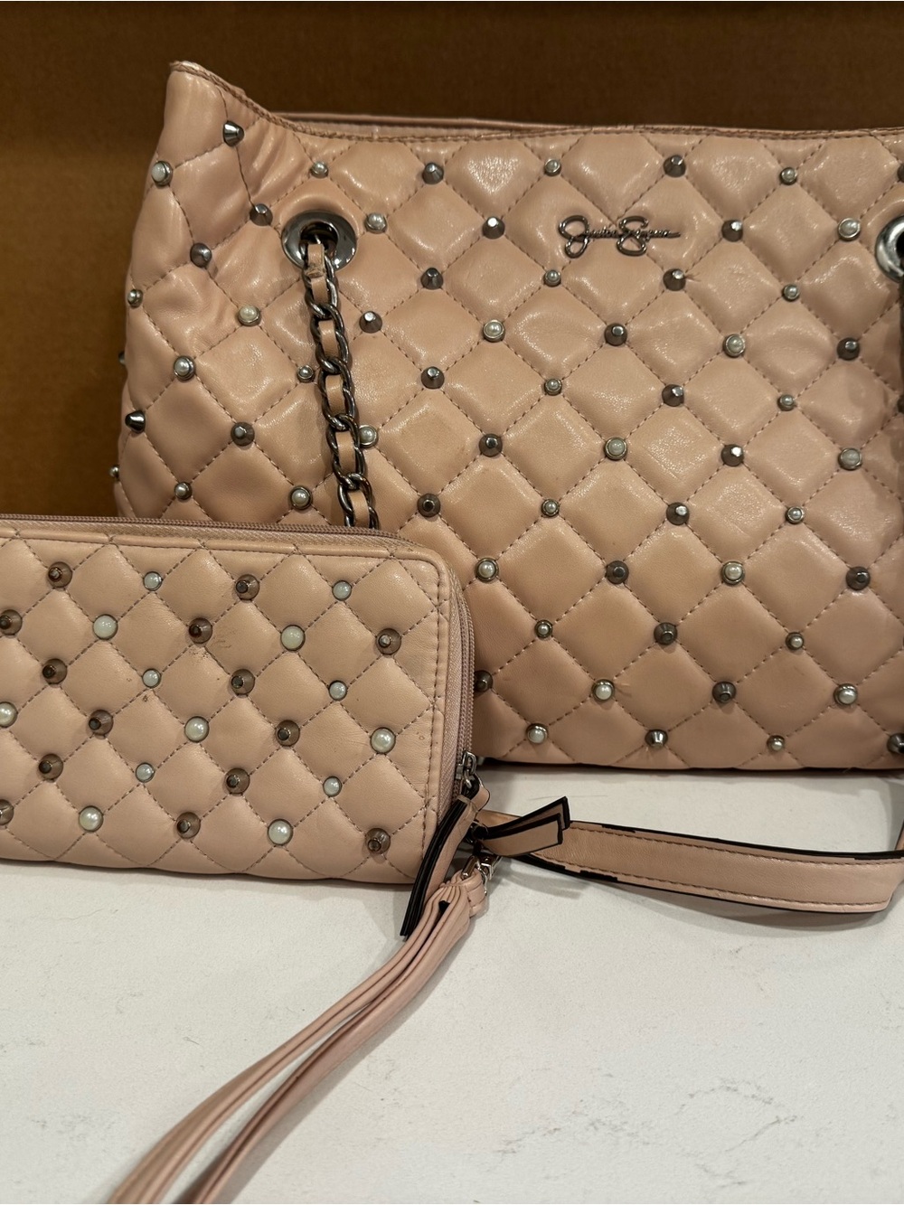 Jessica Simpson Quilted Studded Shoulder Tote & Wristlet in Blush